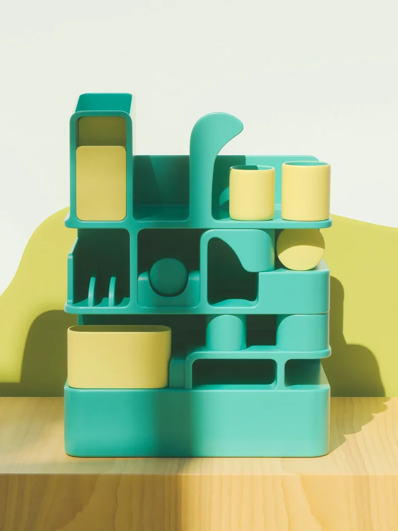 Studio illustrato di organizer modulare in metallo anodizzato