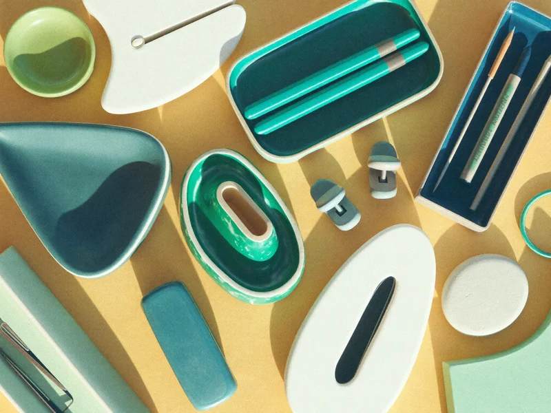 Dettaglio illustrato di materiali e lavorazione per accessori da scrivania